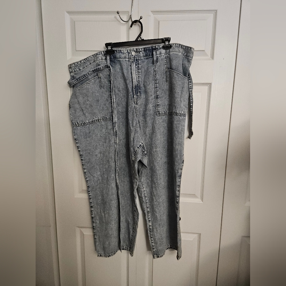 Baggy High Rise Tie Belt Acid Wash Denim Jeans 24R NWT